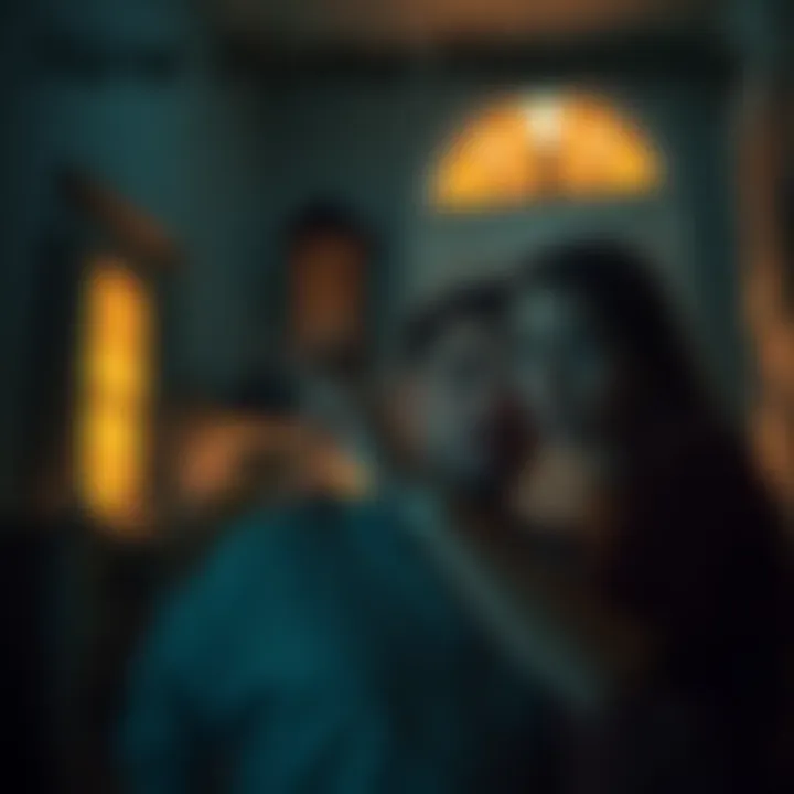 A couple looking startled in their new house, with shadows and eerie lights in the background, reflecting their fear and confusion about unexplained sounds and voices