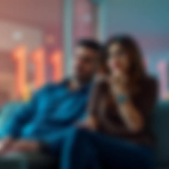A man and woman sitting together, looking thoughtful and discussing their relationship, with numbers 111 and 1111 subtly illustrated in the background.