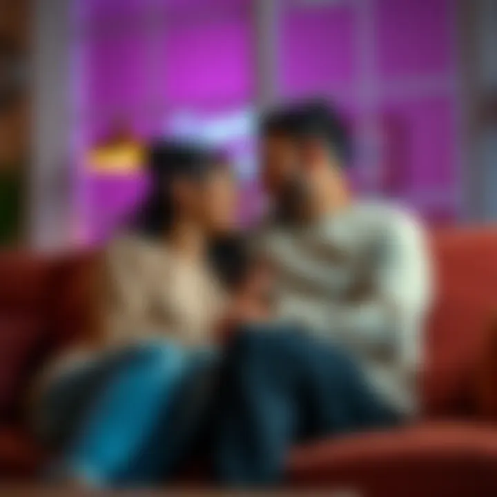 A couple enjoying a cozy moment together, sitting closely on a couch, smiling at each other, suggesting a deep connection