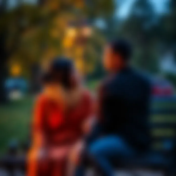 A couple sitting close together on a park bench, engaged in deep conversation, showing emotional connection without focus on physical appearance.