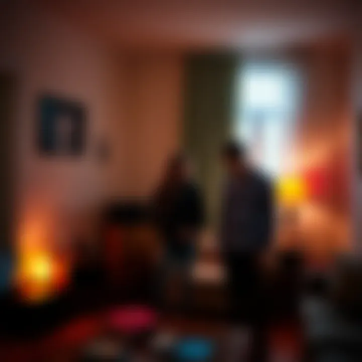 A couple looking puzzled while standing in their living room with an old radio and eerie shadows around them.