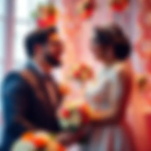 A couple sharing a joyful moment, laughing together while surrounded by wedding decorations