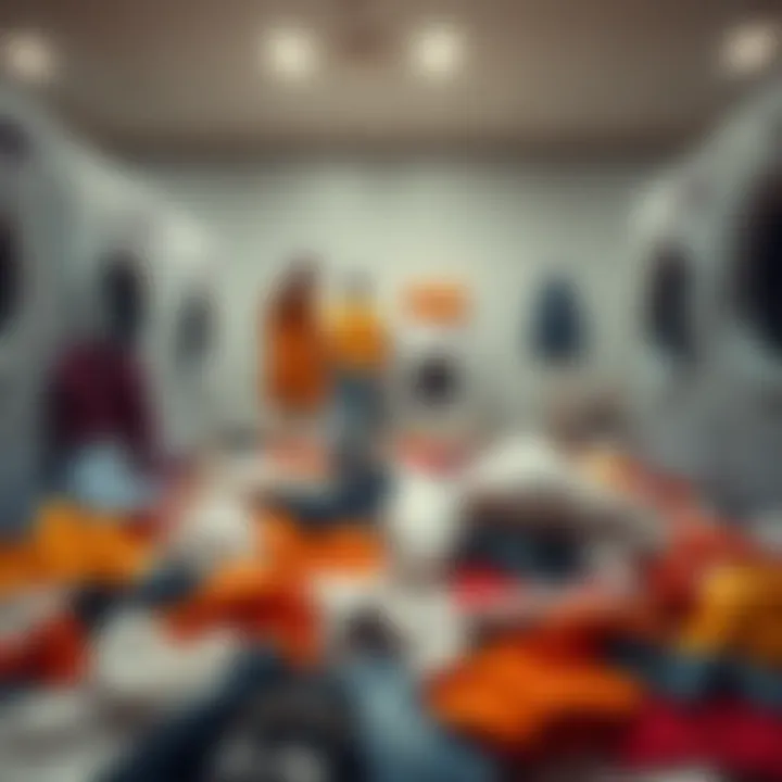 Couple looks at clothes scattered on floor after dryer malfunction