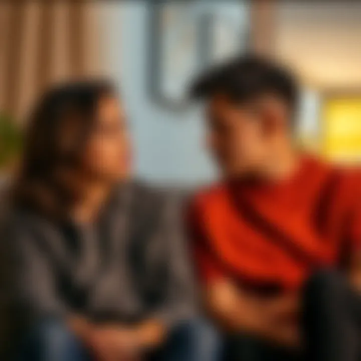 A worried couple sitting together, looking into each other's eyes, expressing emotional conflict and seeking connection after a love-breaking spell.