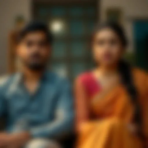 A couple sitting together but appearing unsure and distant, symbolizing stalled relationship progress during 7th lord Mahadasha.