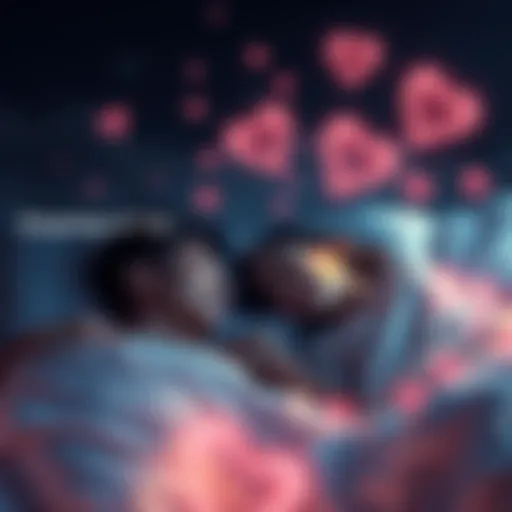 A couple peacefully sleeping together, surrounded by heart-shaped clouds symbolizing their connection in dreams.
