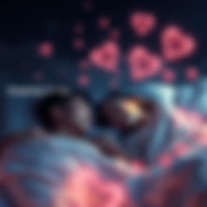 A couple peacefully sleeping together, surrounded by heart-shaped clouds symbolizing their connection in dreams.