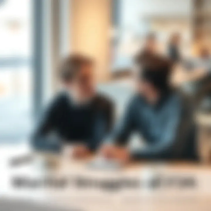 A couple sitting together at a table, talking and looking concerned about their relationship, showing signs of struggle, with a notebook and coffee cups in front of them.