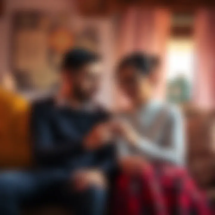 A young couple sitting together, sharing thoughts about marriage while looking at a ring. The setting is warm and cozy, suggesting a personal moment.