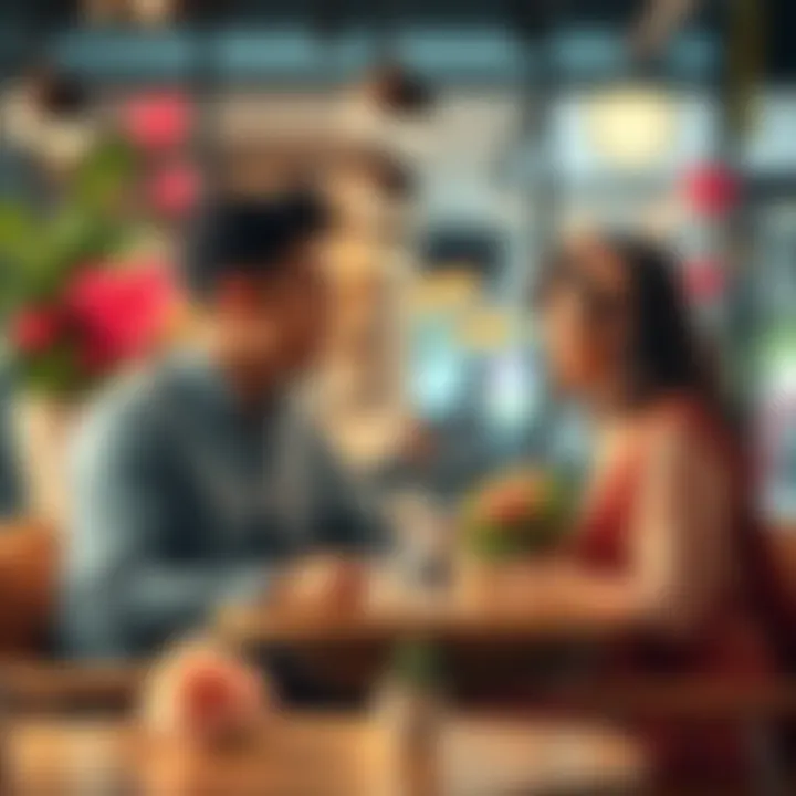 A happy couple sitting in a café, talking about their future together and marriage choices, with love and arranged marriage symbols around them.