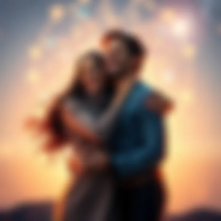 A joyful couple embraces each other for the first time after a long distance relationship, surrounded by a starry sky indicating astrological elements.