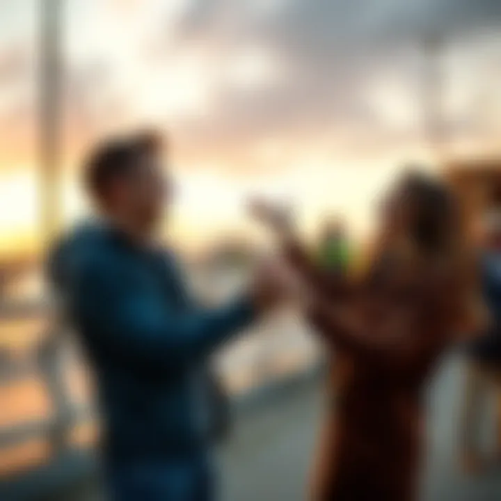 A young couple excitedly meeting for the first time at an outdoor location, displaying happy emotions and open body language