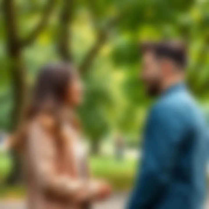 A couple meeting in a park, smiling as they engage in conversation, surrounded by trees and greenery.