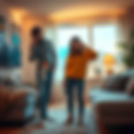 A couple standing in a living room, looking confused as they search for a missing sock, with one person holding a tube of socks while the other checks under the couch.