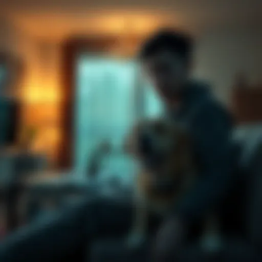 A couple looking startled in their dimly lit living room, with a dog acting nervously beside them.