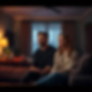 A couple looking surprised in their living room with spooky decor and dim lighting, reflecting their strange experiences in the new apartment.