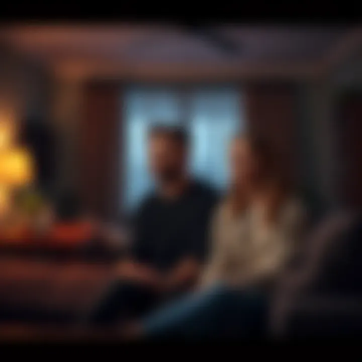 A couple looking surprised in their living room with spooky decor and dim lighting, reflecting their strange experiences in the new apartment.