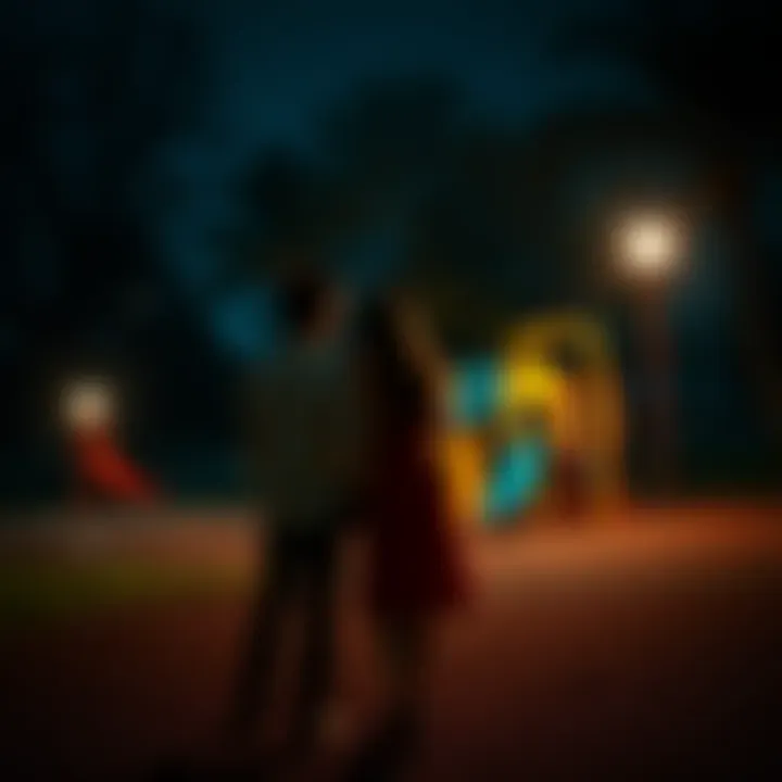 A frightened couple standing in an empty playground at night, looking around in fear as strange sounds echo in the background.