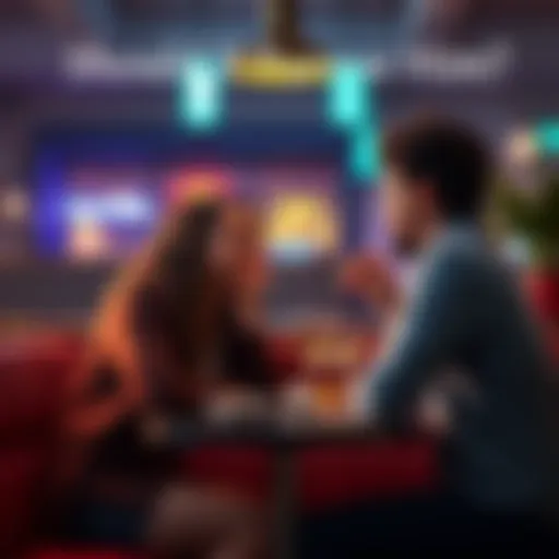 A couple sitting at a table in a cozy setting, looking at each other with smiles, one person appears unsure while the other seems interested.