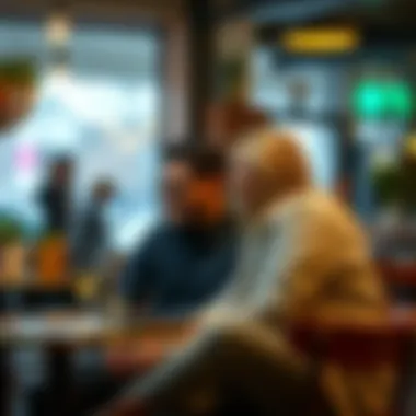 Couple in an open relationship A couple sitting together, smiling and discussing their open relationship experiences in a cozy cafรฉ setting.