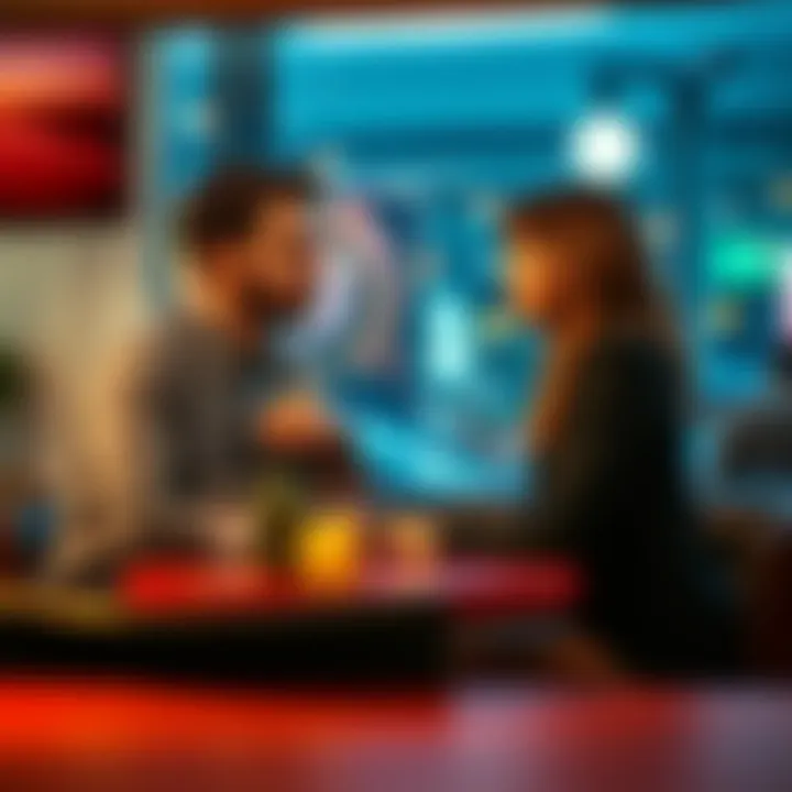A woman and her boyfriend sit at a table, looking concerned while discussing his proposal for an open relationship.