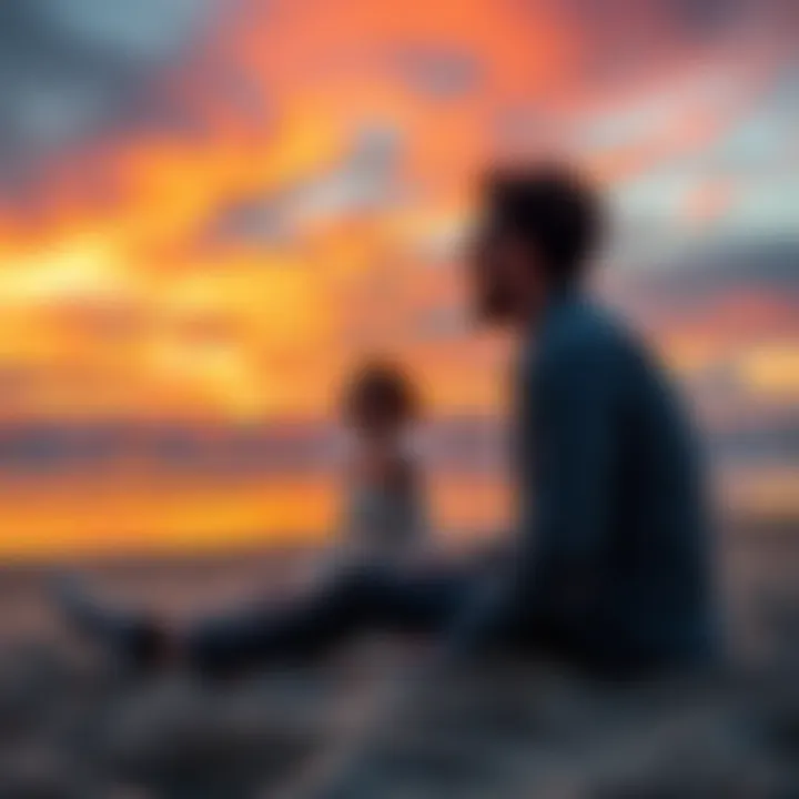 Couple on Oregon Beach A couple sitting on a beach in Oregon during sunset, gazing at each other with a serene expression, surrounded by colorful psychedelic patterns in the sky.