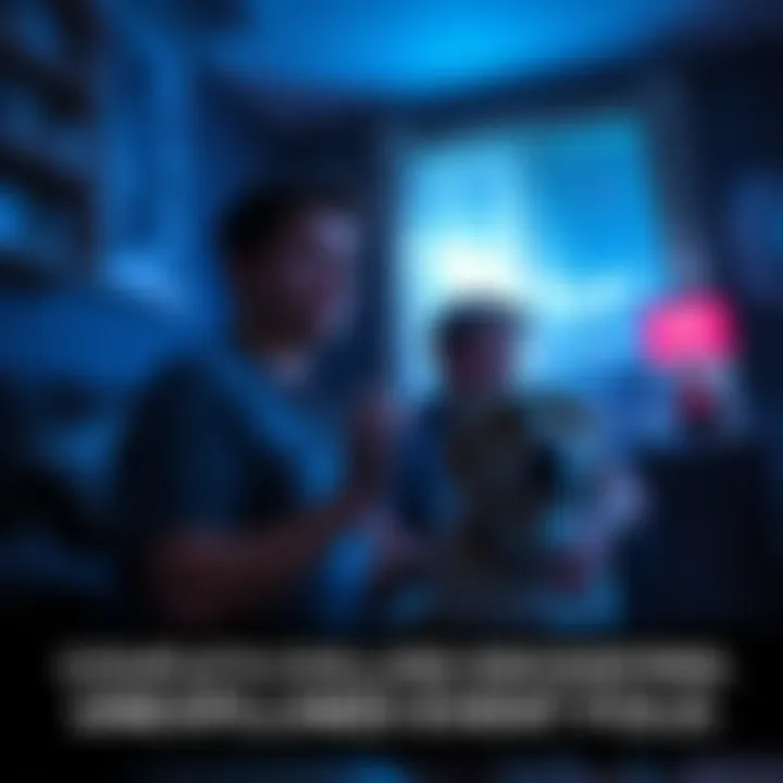 A couple looks startled while observing strange lights in their dark apartment, with their dog appearing uneasy beside them.