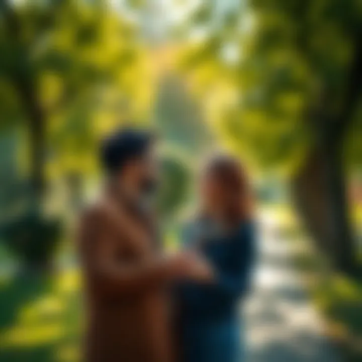 A couple meeting in a park, sharing a smile and discussing their future together, surrounded by trees and a sunny atmosphere.
