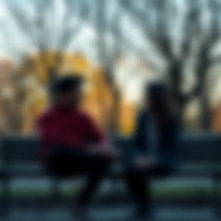 A couple sitting on a bench in a park, looking at each other with mixed emotions, surrounded by trees and soft sunlight, reflecting on their relationship after a breakup.