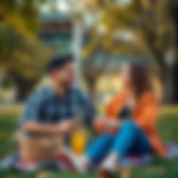 A happy couple enjoying a picnic in a park, surrounded by nature and smiling at each other.