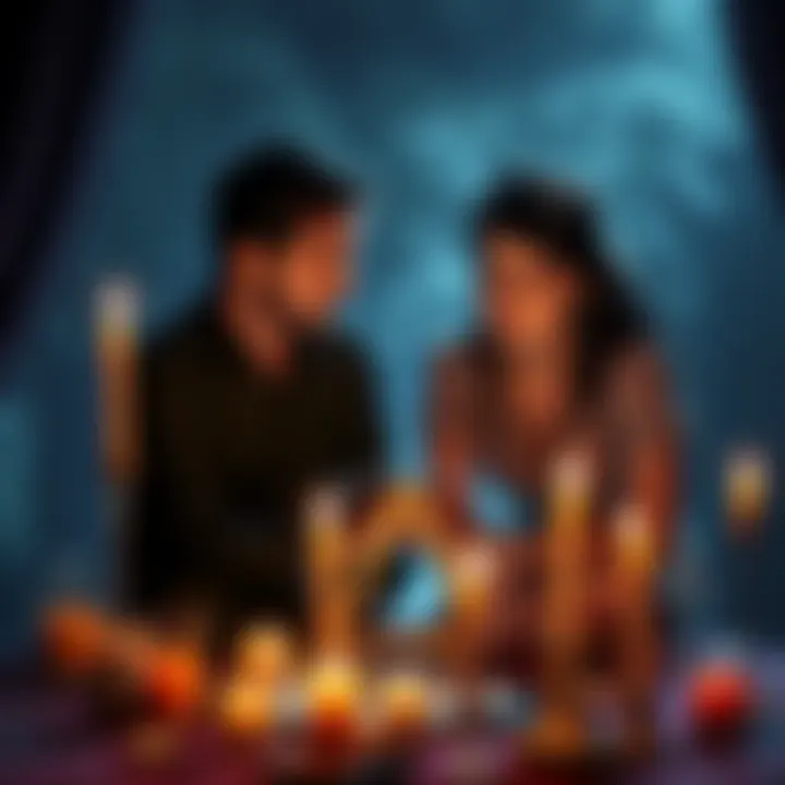 Couple practicing magic A couple sitting together, surrounded by candles and magical symbols, focusing on a sigil while harnessing sexual energy