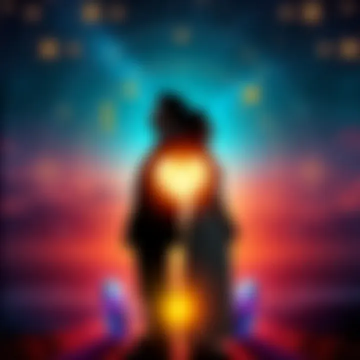 Couple with psychic symbols A couple standing back to back with a glowing heart symbol between them, surrounded by astrological signs and crystals, representing love and destiny.