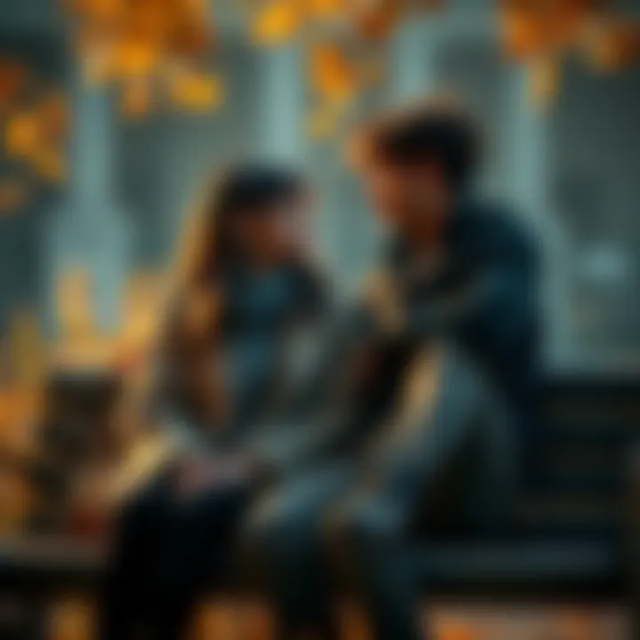 Two people sharing a quiet moment A young couple sitting on a bench, looking at each other with deep emotions, surrounded by soft autumn leaves, symbolizing unexpressed love and empathy.