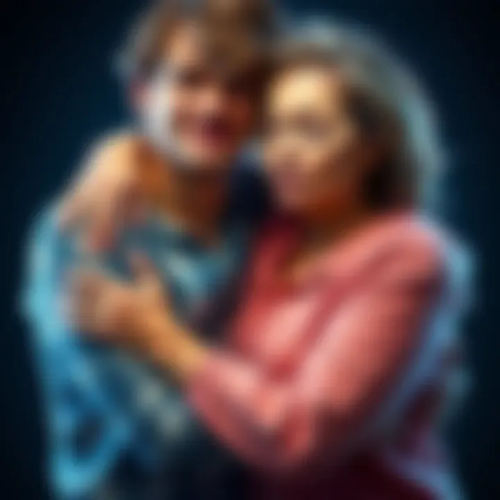 A young Aquarius man and an older Capricorn woman embrace, showing a moment of reconciliation after a disagreement. Their expressions reflect a mix of relief and uncertainty about their relationship.