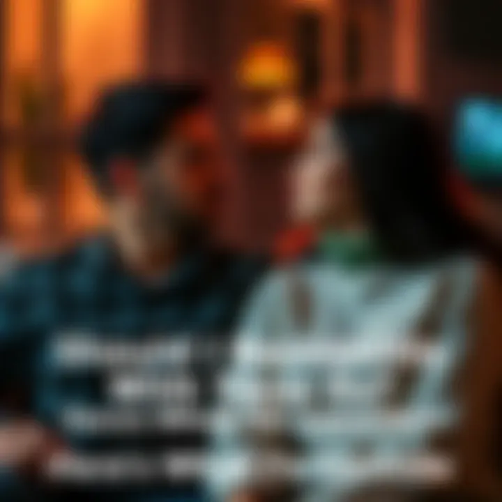 A couple sitting together, looking thoughtful while considering their past relationship, with a cozy background setting.