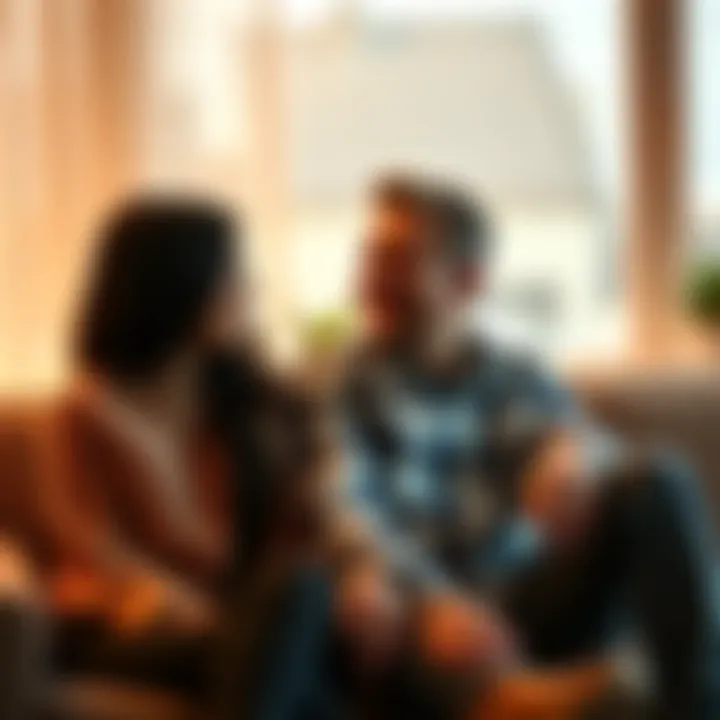 A couple sitting together, sharing a warm conversation and smiling, suggesting they are rekindling their relationship.