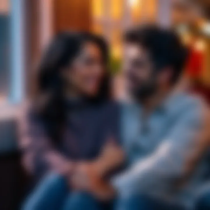 Couple reconnecting after breakup A couple sitting together, smiling and talking, showing signs of reconnection after a breakup.