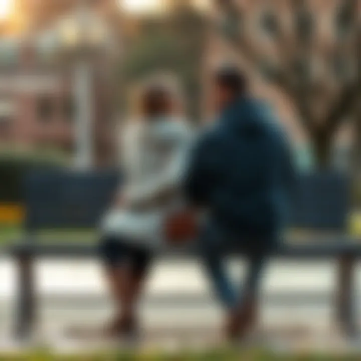 Couple Reconnecting After Breakup A couple sitting together on a bench, looking at each other with hope and understanding, suggesting a path to reconciliation after a breakup.