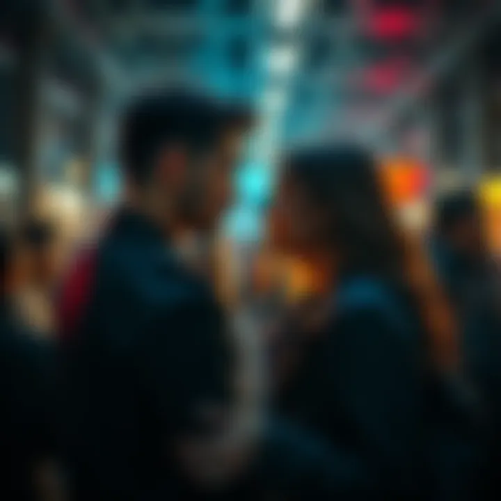 Couple reconnecting in a crowded room A couple locking eyes in a busy room, filled with emotions and unspoken feelings, reflecting their deep connection.