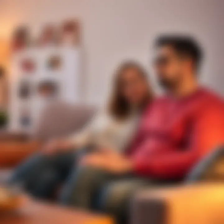 A couple sitting on a couch, looking concerned while discussing relationship problems, surrounded by photos of family and friends.