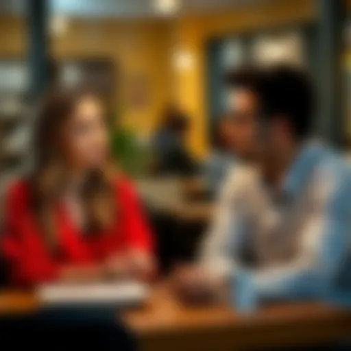 A woman and man sitting at a table, looking concerned as they discuss their long-term relationship options.