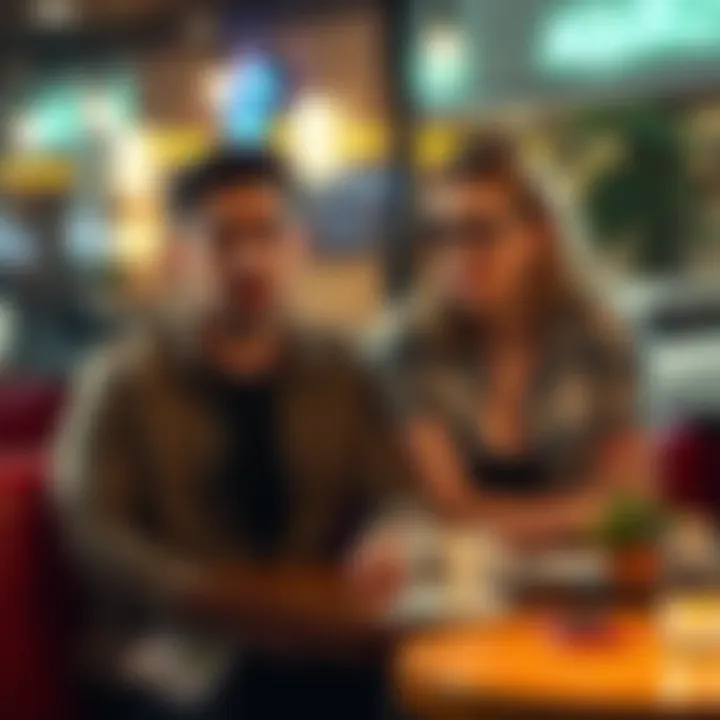 Couple discussing relationship issues A man and woman sitting at a cafe table with concerned expressions, talking about dating challenges and ghosting experiences.