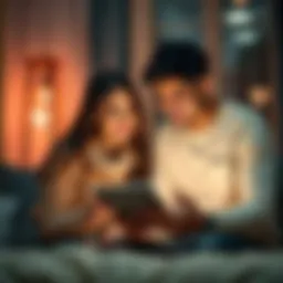 A couple sitting together, smiling while reading relationship insights on a tablet, with a warm atmosphere and heart decorations in the background.