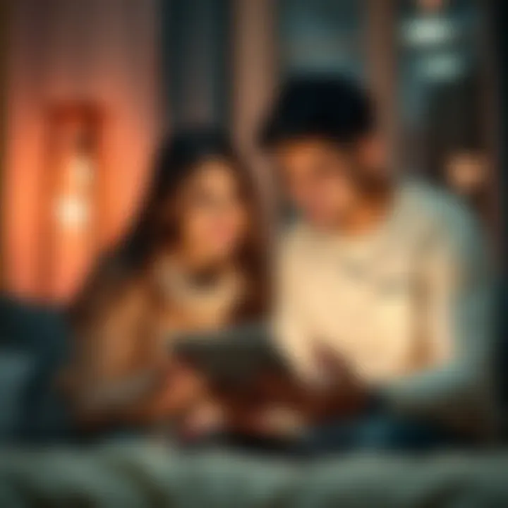 Couple enjoying a relationship reading A couple sitting together, smiling while reading relationship insights on a tablet, with a warm atmosphere and heart decorations in the background.