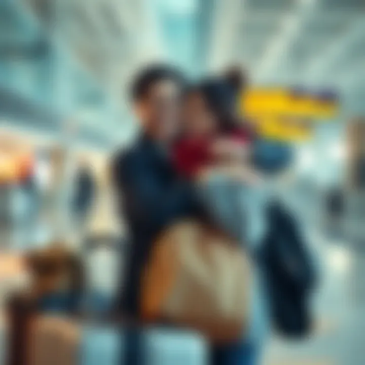 A smiling couple hugging at an airport after a long-distance relationship, surrounded by luggage and joy.