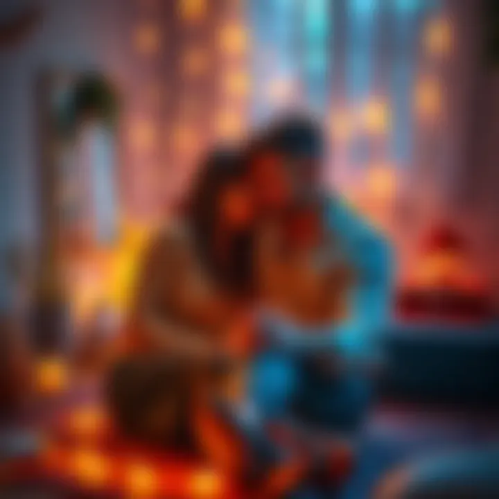 Couple sharing a romantic moment A couple sitting close together in a cozy setting, surrounded by soft lighting and personal touches, embodying a romantic atmosphere.