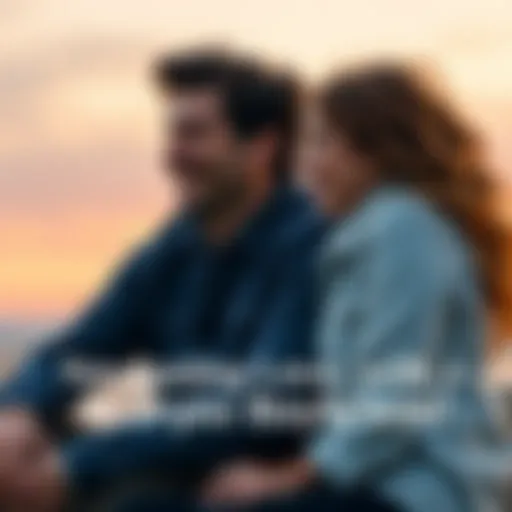 A couple sitting together and smiling, with a soft romantic background, symbolizing love and connection in a relationship