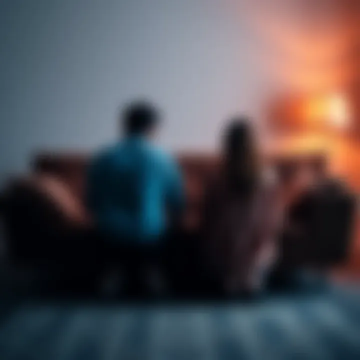 Couple Sitting Apart A couple sitting on a couch with a gap between them, showing emotional distance after a breakup.