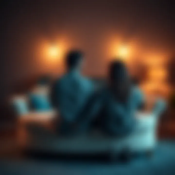 A couple looks distressed while sitting on opposite ends of a couch, contemplating their relationship