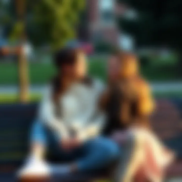 A young couple sitting close on a bench, sharing light smiles and glances, symbolizing connection and attraction without crossing personal boundaries.